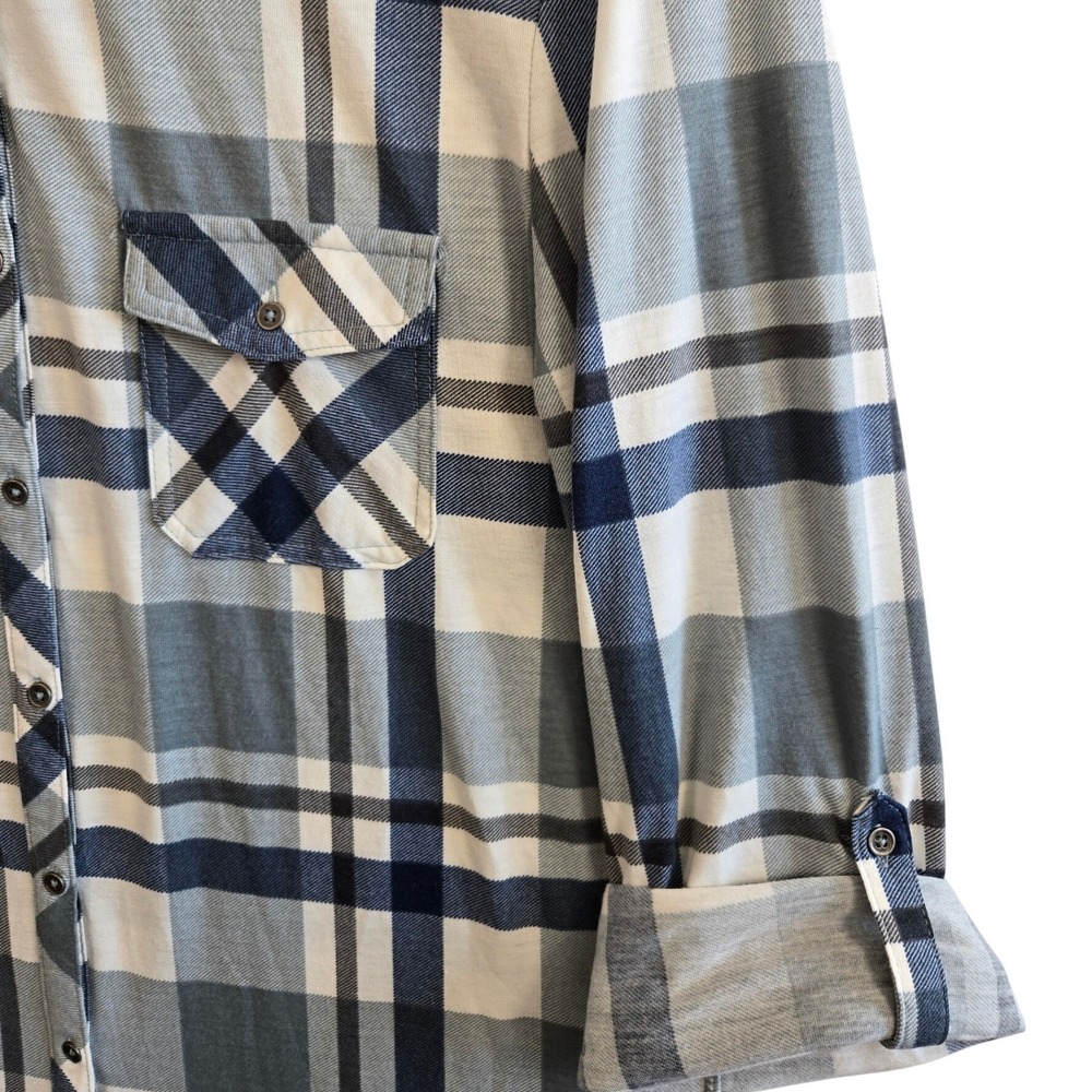 Como Vtg Blue Plaid Button Down Shirt Womens L Roll Tab Sleeve Grunge Casual - Picture 8 of 9